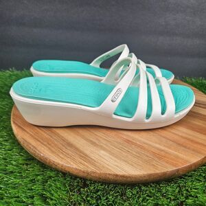 Crocs Rhonda Sandal Womens Size 9 White Green Slide Flip Flop Wedge Beach Pool